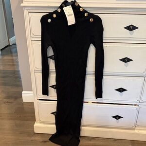 Zara Black Ribbed Long-Sleeve Dress with Gold Button Detail